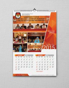 an orange and white calendar with images of people