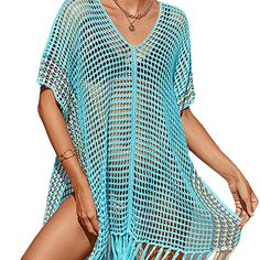 Boho Trendy Crochet Peekaboo Coverup Is Available In Gorgeous Aqua In Osfm .Pullover Design, Vneck Fringed Detail With A Nice Flow And Swing To This Coverup Make It An Instant Goto. Available To Be Ordered In Other Colors. Please Just Comment And I Can Check On Availability. Beach Blouse, Beach Coverup Dress, Crochet Cover Up, Crochet Tunic, Female Girl, Girl Fits, Beachwear For Women, Swimsuit Cover Ups, Swimwear Cover