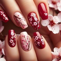 Cherry Blossom Nails Art, Fall Nail Art Ideas, Red Nail Art Designs, 3d Nail Art Designs, Fall Nail Art Designs, Coffin Shape Nails, Red Nail