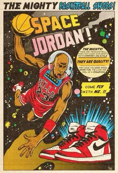 an advertisement for the space jordan basketball shoe, featuring a man in red and white sneakers