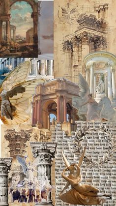 the collage has many different pictures and words on it, including an angel statue