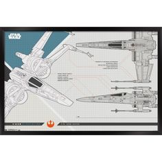 a star wars poster with an image of the millennium falcon and tie fighter in blueprint