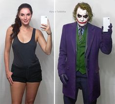 two people dressed as the joker and person holding up cell phones in front of them