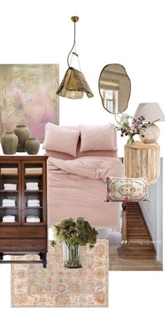 a bedroom with pink bedding and accessories on the floor, along with other items