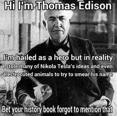 an old man sitting on top of a bench next to a sign that says, i'm in thomas edison