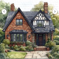 a drawing of a brick house with black windows