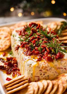 a white plate topped with cheese covered in sauce and crackers on top of it