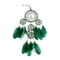 a green and white dream catcher with feathers hanging from it's side on a white background