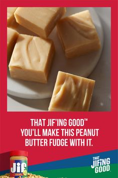 an advertisement for peanut butter fudges on a plate with peanuts in the background