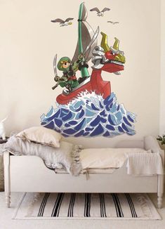 a room with a bed, wall decal and an image of two people on a boat in the water