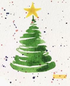 a watercolor painting of a green christmas tree with yellow star and confetti