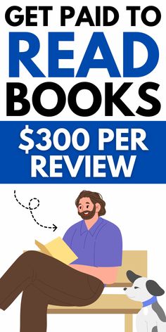 a man sitting on top of a bench next to a dog and the words get paid to read books $ 300 per review