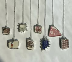 handmade soldered porcelain pendants, all made with antique plates, chains included Metal Plate Jewelry, Silver Clay Jewelry Ideas, Antique Silver Soldered Pendant Jewelry, Soft Solder Jewelry, Adjustable Vintage Necklace With Soldered Details, Artisan Necklace With Soldered Details, Homemade Pendant, Soft Soldered Pendants, Jewelry Soldering