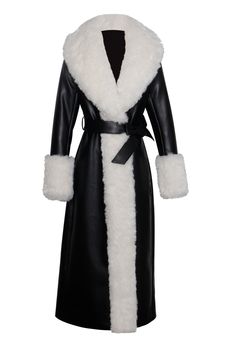 Indulge in opulence with the Zaida White Faux Fur Trim Vegan Leather Coat. This stunning maxi coat exudes luxury, adorned with puffy fur trim along the neckline and sleeve openings. Crafted from vegan leather and faux fur, it is fully lined for comfort. The coat features a large snap inside the center waist, along with belt loops and a slender leather belt for effortless closure. Versatile and chic, it adds a touch of glamour to any special occasion Floor Length Fur Coat, Coat With Fur Trim, Fur Trench Coat, Black Fur Coat, Black Trench Coat, College Fits, Career Fashion, Puffy Coat, 2024 Style