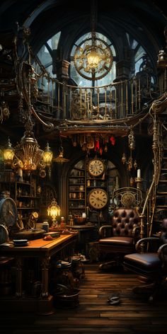 a room filled with lots of books and furniture next to a spiral stair case covered in clocks