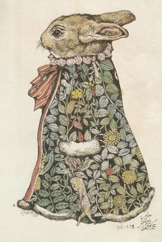 a drawing of a rabbit in a dress with flowers on it