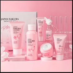 Japanese Sakura Skin Care Box Set Moisturizing, Improves Elasticity, Evens Skin Tone Smooths Texture, Tightens Pores, Anti-Aging, Wrinkle Reducing! Includes: Cleanser, Toner, Serum, Eye Cream, Spf 50 Sunscreen, Essence Cream Tags Beauty Skincare Glass Skin Japan Flawless Porcelain Skin Giftbox Gift Box Skincare Routine Age Defying Elasticity Youthful Photoshop Filter Spf Nourish Nourishment Nourishing Hydrate Hydration Hydrating Face Facial Revive Reviving Revival Renew Renewing Prevention Preve Japan Sakura, Eye Cream For Dark Circles, Cream Serum, Skincare Gift Set, Skin Care Kit, Skin Care Gifts, Facial Cream, Beauty Gift Sets, Facial Toner