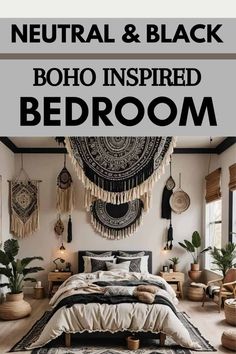 a bedroom with neutral and black boho inspired decor