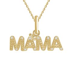 The Mama necklace makes a perfect gift for all mothers or mothers-to-be. This elegant pendant includes twelve 1.0mm diamonds. Show how much you appreciate the mothers in your life with this "MAMA" necklace. Product Information Metal Type: 10k or 14k Yellow/Rose/White Gold Stone InformationStone: DiamondSize: 1.0mm SKU: TKM375 Diamond Necklace For Mother's Day Personalized Gift, Mother's Day Diamond Necklace, 14k Gold Jewelry With Diamond Accents For Mother's Day, Mother's Day Yellow Gold Diamond Necklace, Mother's Day 14k Gold Jewelry With Diamond Accents, Mother's Day Gift Sterling Silver Diamond Necklace, Mother's Day Gift Diamond Necklace In Sterling Silver, Gift Name Necklace With Diamond Accents, Anniversary Diamond Necklace For Mother's Day