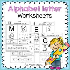 an alphabet letter worksheet with a girl holding a pencil