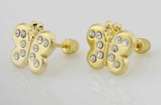 This Cute , Lovely 14K Butterfly with Stone Stud Post Earrings are made from high-quality 14K Gold and its the perfect gift for Little Girl or anyone of any age and excellent for everyday wear. Item Specifications: Metal Type: 14K Gold ShapeButterfly with CZs Fastening: Screw Back Style: Stud Post Height:8mm (approx. 1/3 inch) Width:10mm (approx. 3/8 inch) Earrings Puff Pad size:1 inch x 1 inch (25mm x 25mm) The screw backs are really good for kids and adults because its hard to lose the earring Cubic Zirconia Screw Back Jewelry For Gifts, Gift Diamond Earrings With Screw Back And Cubic Zirconia, Gold Screw Back Diamond Earrings For Gift, Gold Diamond Screw Back Earrings For Gift, Gift Gold Diamond Earrings With Screw Back, Gold Diamond Earrings With Screw Back As Gift, Tiny Gold Earrings, Butterfly Earring, Butterfly Earrings Gold