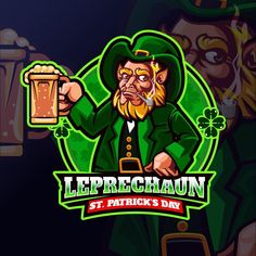 the leprechaun st patrick's day mascot is holding a mug of beer