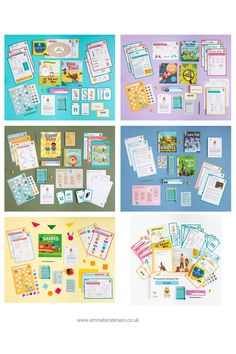 a grid of 6 photographs, each showing the contents of a book subscription box laid out neatly and photographed from overhead, on coloured paper backgrounds. Subscription Boxes For Kids, Grid Style, North London, Subscription Box