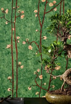 a bonsai tree in front of a green wall with flowers and leaves on it