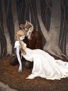 a painting of a man and woman in the woods