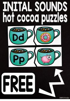 there are three coffee mugs with donuts on them and the words initial sounds hot cocoa puzzles