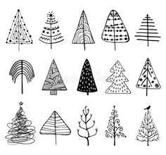 hand drawn christmas trees on white background