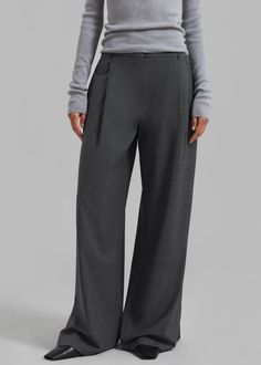 Color: Grey Melange Lightweight wool blend fabric Relaxed fit Straight leg High rise Slant hip pockets Belt loops Zip fly Hook and bar closure Unlined 48% Wool 30% Recycled Polyester 16.5% Polyester 5.5% Lycra Dry Clean Only By The Garment. Imported Tailored Gray Wide Leg Pants, Tailored Wide Leg Gray Pants, Wool Wide-leg Pants With Pockets, Tailored Gray High-waisted Pants, Tailored High-waisted Gray Pants, Gray Bottoms With Belt Loops For Fall, Elegant Gray Wool Bottoms, Full Length Wool Bottoms For Business Casual, Wool Full Length Bottoms For Business Casual