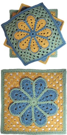 two crocheted coasters with flowers on them, one in blue and the other in yellow