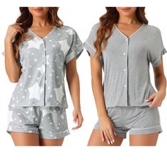 Soft and lightweight fabric provides ultra-comfort and a cool feeling. The good quality stitching ensures that the fabric won't deform or fade easily. This luxurious nightgown is soft to the touch and offers a snug fit to help you feel relaxed. The classic buttoned two-piece pajama is perfect for lounging around the house and for everyday wear. The soft women's pajama sets allow you to move freely, whether you're sitting on the couch or lying in bed. For breastfeeding moms, these pajamas make breastfeeding easy as they only need to unbutton two buttons of their pajama tops. The set is also suitable for breastfeeding, lactation, and postpartum. Additionally, the women's sleep lounge set shorts can be a perfect gift for your mother, wife, daughter, or friends, and can make a great gift for N Luxurious Nightgown, Star Light, Pregnancy Tshirts, Satin Pyjama Set, Womens Pyjama Sets, Pajama Set Women, Short Pajama Set, Pajama Top, Lounge Set