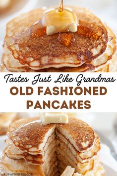 pancakes are stacked on top of each other with syrup and butter