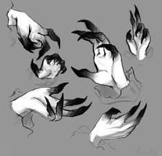 some black and white drawings of hands with birds flying around them on a gray background