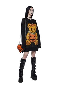 I was haunted to meet you. This oversized sweater has long sleeves, a crew neckline, and a lil bear in a jack-o-lantern intarsia pattern. Spooky Black Long Sleeve Sweater, Spooky Long Sleeve Black Sweater, Halloween Clothes Aesthetic, Lantern Costume, Jack O Lantern Costume, Bear Clothes, Intarsia Patterns, Bear Halloween, Halloween Clothes