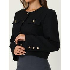 STYLE - Keep your look semi-formal and elegant in spring weather with this office tweed blazer from Hobemty, featuring tweed fabric, single-breasted, round neck, a cropped length, and lined. OUTFIT - Comfortable and classic, pair with a semi-formal dress and heels for a chic office look. OCCASION - Focused on Ladies' Semi-Formal Wear - This cropped blazer can be a perfect addition to almost any outfit from formal to daily wear, great for work, meetings, offices, businesses, work, parties, cockta Elegant Fall Tweed Jacket For Business Casual, Office Tweed Jacket With Buttons, Chic Tweed Jacket With Buttons For Office, Elegant Tweed Jacket For Office With Buttons, Elegant Tweed Jacket For Spring Office Wear, Elegant Spring Tweed Jacket For Office, Tweed Long Sleeve Jacket For Office, Elegant Business Casual Tweed Jacket With Button Closure, Elegant Tweed Jacket With Button Closure For Business Casual