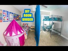 a bedroom with bunk beds and posters on the wall above it that says diy room divider