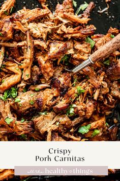 crispy pork carnitass in a skillet with parsley