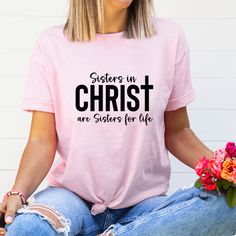 This Sisters in Christ t-shirt is the perfect gift for women of faith. There is nothing more special than the fellowship and friendship of Sisters in Christ. Whether it's a friend from small groups at church, a family member, or a bestie you've known forever, the support and encouragement from Sisters in Christ is truly a blessing and special bond. Sisters in Christ are Sisters for life. This t-shirt is perfect for a women's retreat, casual coffee with the ladies or school activities. It's soft, Casual T-shirt For Mother's Day Family Gatherings, Women's Retreat, Womens Retreat, Patriotic Outfit, Mens Sweatshirts Hoodie, Women Of Faith, Pullover Sweatshirts, School Activities, Gift For Women