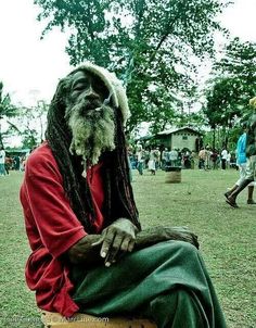 a man with dreadlocks sitting on top of a wooden bench in a park