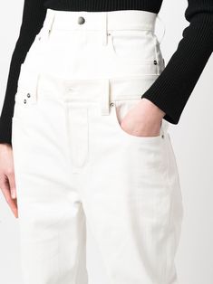 White stretch-cotton panelled high-waisted trousers from AC9 featuring bleach wash, panelled design, belt loops, two side inset pockets, two rear patch pockets, high-waisted and straight leg. | AC9 Panelled High-Waisted Trousers Luxury Workwear Pants With Elastic Side Panels, Luxury Workwear Bottoms With Contrast Stitching, Luxury White Straight Leg Cargo Pants, Luxury Straight Leg Off White Bottoms, Luxury White Straight Leg Jeans, Luxury High-waisted White Pants, Luxury White Pants With Belt Loops, Luxury High-waist Trendy Bottoms, Luxury High Waist Cream Bottoms