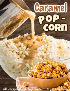 caramel pop corn is being poured into a bowl