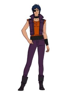 an animated character with blue hair and purple pants, standing in front of a white background