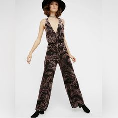 Item Description: - Open Cross Back - Deep V Neckline - Velvet - Wide Leg - Sleeveless - New With Tags. Retail $100 Offers Welcome! Rose Jumpsuit, Free People Overalls, Free People Jumpsuit, Free People Romper, Free People Velvet, Velvet Accents, Brown Line, Free People Clothing, Floral Denim