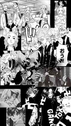 an image of some anime characters with black and white images on them, all in different poses