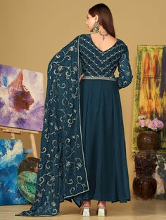 Introducing our "gorgeous teal blue embroidered georgette function wear anarkali suit," a stunning outfit that will make you stand out at any festival or function. This teal blue anarkali suit is made from high-quality georgette material, featuring intricate sequin and embroidered work that adds a touch of glamour and elegance to the ensemble.
This outfit includes a teal blue color georgette material anarkali suit with sequin and embroidered work, similar color crepe material pants, and a simila Engagement Gown, Blue Anarkali, Lehenga Crop Top, Georgette Material, Lehenga Choli Wedding, Floral Lehenga, Party Wear Lehenga Choli, Reception Gown, Bollywood Lehenga