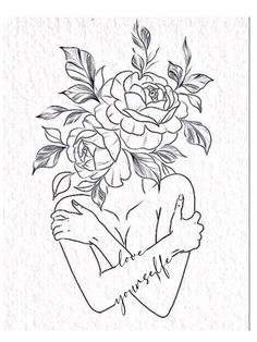 a drawing of a woman holding flowers in her arms