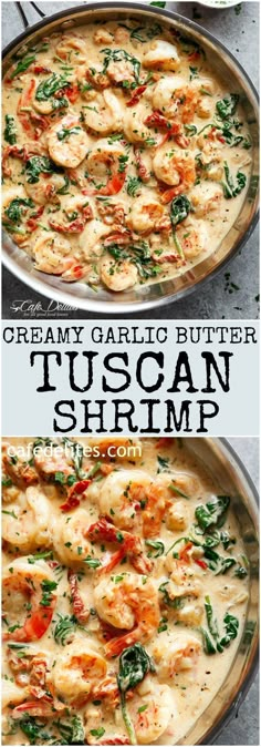 creamy garlic butter tuscann shrimp in a skillet